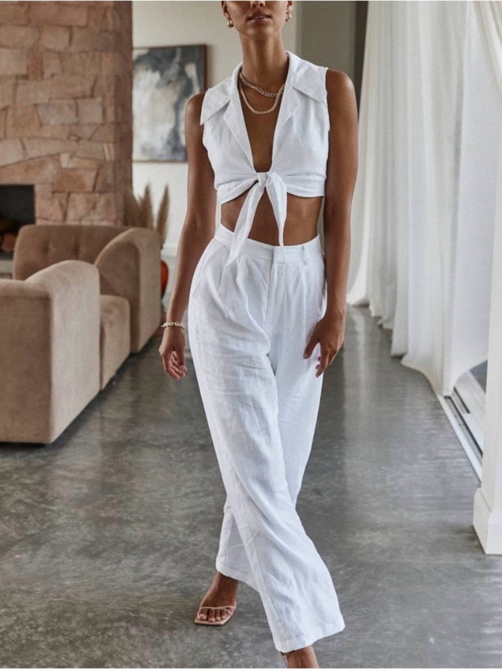 DISSH Delaney White Linen Tie-Front Cropped Sleeveless Top Size 6